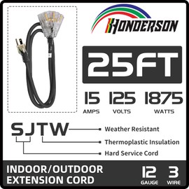 HONDERSON 3-Outlets Indoor Outdoor Extension Cord Weatherproof with Lighted End, UL Listed, 12 Gauge 25FT Black 3 Prong Heavy Duty Extension Cord Multiple Outlets, 12/3 SJTW 15A Power Extension Cord