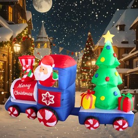 PTS 7FT Inflatable Train with Santa and Tree Outdoor Decoration, Christmas Blow Up Yard Decorations, Built-in LED Lights Inflatables Xmas Holiday Funny Decor for Indoor Lawn Garden