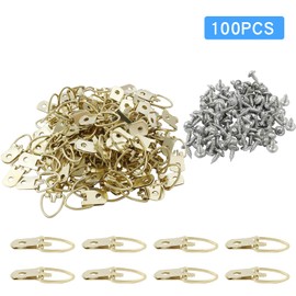 Coufce 100 Pack D Ring Picture Hangers, Metal Picture Frame Hangers with Screws, Single Hole Hook for Clocks, Paintings, Decorations(Gold)