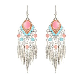 QLUYCKW Boho Turquoise Drop Earrings Retro Long Copper Feather Tasse Metal Leaf Dangle Earrings Vintage Country Western Jewelry Cowgirl Ethnic Style Geometric Concert Festival Accessories for Women (Pink)