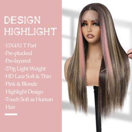 X-Tress Pink Highlight Wig Lace Front Wigs Glueless Wig Long Straight Wigs for Women Pre Plucked with Baby Hair 26 Inch Pink Color Forehead Synthetic Lace Front Wig