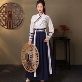 Lady Lazy Unisex Han Clothing Set, Kimono, Hakama, Kimono, Long, Taisho Roman, Ethnic Costume, Navy, White, Navy (M)