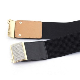 Wedding Decor Women's Black Elasticated Waist Belt with Golden Diamante Buckle Adjustable, Stretchable Waistband for Wedding Party, Formal, Casual Wear, 101cm Wide