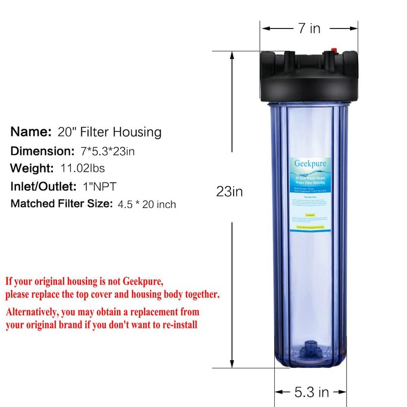 Geekpure 20 Inch Whole House Water Filter Housing-Fit 4.5 x