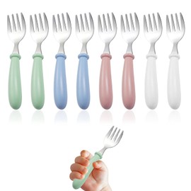 Toddler Forks 8pcs Kids Forks Baby Fork Toddler Fork with Round Handle Safe Flatware for Self Feeding Stainless Steel Cute Baby Cutlery (Green Pink White Blue)