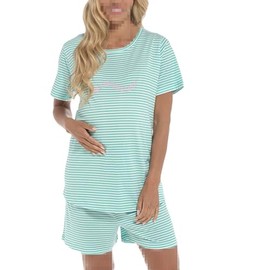 A2Z Ladies Maternity Shorts Pyjamas Set Need More Sleep Striped - PJS 223 Mint 16-18
