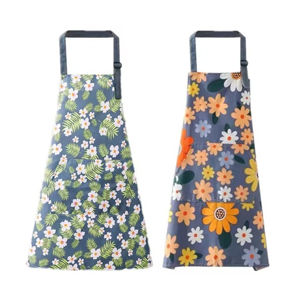 Witeygai Pack of 2 Aprons, Flower Aprons with Pocket, Kitchen Apron, BBQ Apron, Made of Cotton and Linen, Women's Aprons for Waterproof Apron for Cooking, Gardening, Green