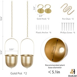 AceList Boho Hanging Planter, Set of 2 Gold Metal Plant Hanger with Hooks and Chains, Modern Wall & Ceiling Planters Outdoor/Indoor Hanging Planter for Window, Porch, Balcony and Home Décor