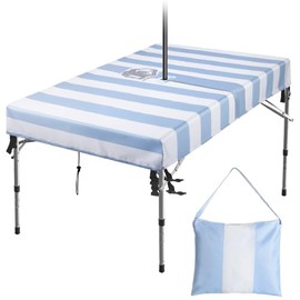 Tegeme Outdoor Tablecloth with Umbrella Hole and Drawstrings 59 L x 36 W x 6 H Rectangle Patio Table Covers Waterproof Fabric Cloth for Picnic Outside Furniture Covers, Blue and White