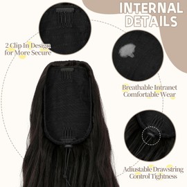 Fanguilar Ponytail Extension 24 Inch Long Curly Wavy Drawstring Ponytail Extension Synthetic Hair Extensions Ponytail for Women Daily Use Dark Brown