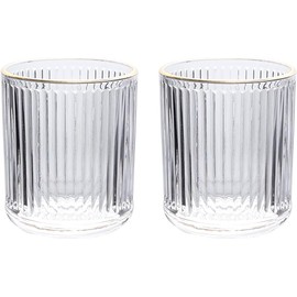 Glass Toothbrush Holder Cup | Crystal Clear Tumbler Makeup Brush Holder for Bedside Table, Bathroom, Vanity, 2Pack Crystal Glass with Gold Rims (Clear + Gold Rims 2pcs)