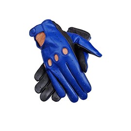 Men's Two-Tone Unlined Leather Driving Gloves in Blue and Black (Large)