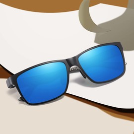 DUCO Men's Polarised Sunglasses with Rectangular Metal Frame and Carbon Fibre Glasses Legs UV400 CAT 3 8206, Black Blue Temple Revo Blue Lens