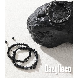 Dazylleco Pack of 3 Pearl Bracelets for Men Natural Stone Bracelet Black Stainless Steel Leather Bracelet Adjustable Jewellery Set Men's Gift Father's Day for Men, Stone, No gemstone