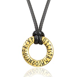RWQIAN Mens Viking Necklace Gold Norse Rune Pendant with Leather Rope Chain Nordic Amulet Necklace Jewellery Viking Gift for Men