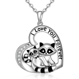 Cheyring Raccoon Necklace for Women Mom Sterling Silver Mother Daughter Heart Raccoon I Love You Forever Pendant Necklace Cute Animal Raccoons Jewelry Mothers Day Gifts