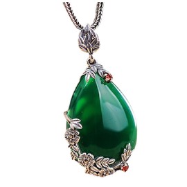 CUSIOALQQ 925 Sterling Silver Garnet Stone Pendant Necklace, Vintage Natural Green Red Jade Gemstone Necklace Pendant, Elegant Gemstone Birthstone Drop Pendant Jewelry Gift for Women
