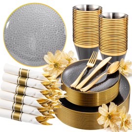 Hioasis 175PCS Black and Gold Plastic Plates - Hammered Disposable Plates,Include 25 Dinner Plates, 25 Dessert Plates,25 Cups,25 Rolled Napkin Cutlery Perfect for Wedding