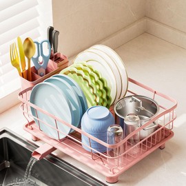 AIDERLY Iron Dish Drying Rack Auto Drain Dish Drainers Kitchen Counter Strainer with Draining Tray, Pink