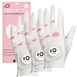 FINGER TEN New Women Ladies All Weather Cabretta Leather Grip Golf Glove with Magnetic Ball Marker Worn on Left Hand Lh Value 3 Pack Set (Large, Worn on Left Hand-for Right-Hand Golfer)