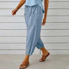 Women's Capri Pants High Waist Drawstring Cinch Bottom with Button Cotton Loose Casual Trouser with Pockets Lightblue