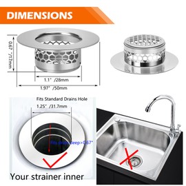 Bathroom Sink Strainer, Bathtub Lavatory Sink Drain Strainer Hair Catcher for Laundry, Mop Pool, Utility, Slop, RV Sink, Stainless Steel Drain Filter。Fit Hole Size from 1.25" ，3 Pack (1.1”)