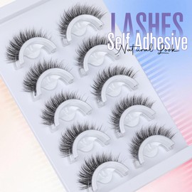Self Adhesive Eyelashes Natural Self Adhesive False Eyelashes No Glue Needed Strip Self Adhesive Lashes Cat Eye Wispy Pre-Glue Reusable Fake Eyelashes 5 Pairs