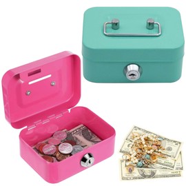Pack of 2 Small Cash Boxes, 11.5 x 8.5 x 5 cm, Small Safe, Each Cash Box Children with 2 Keys, Lockable Suitable for Safe, Tip Till and Cash Till (Green + Pink)