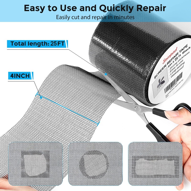Secopad Black Window Screen Repair Tape, 4IN X 25FT (300IN)