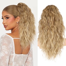 Isaic Ponytail Extension 18Inch Claw Clip Ponytail Extension Long Wavy Lightweight Fluffy Clip on Ponytails for Women Brown Mix Light Blonde Synthetic Hairpieces Layered Pony Tails Hair Extensions