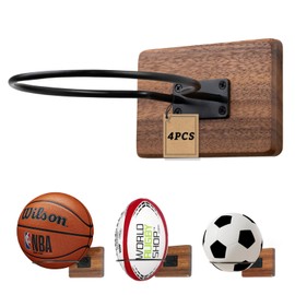 Rovarahoom Basketball Holder Wall Mount, 4 Pcs Acacia Wood Ball Holder for Storage Soccer Volleyball Football Autograph, Basketball Rack Display for Boys Sports Accessories Organizer Wall Decor