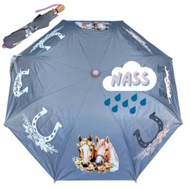 HECKBO Children's Magic Umbrella with Wooden Handle and Safety Reflectors - Colour Changing in Rain - Boys Girls Pocket Umbrella for School Bags - Storm Resistant - Gifts for School, Horse