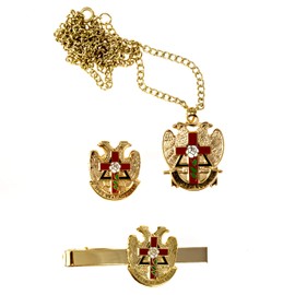 Rose Croix Cross 32nd Degree Scottish Rite Tie Bar Lapel Pin Necklace Masonic Combo Pack