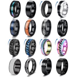 Adramata 16 Pieces Anxiety Rings for Men Stainless Steel Black Fidget Rings Band Spinner Rings Set for Wedding Promise 6/8 mm Wide Size 7-12, Stainless Steel