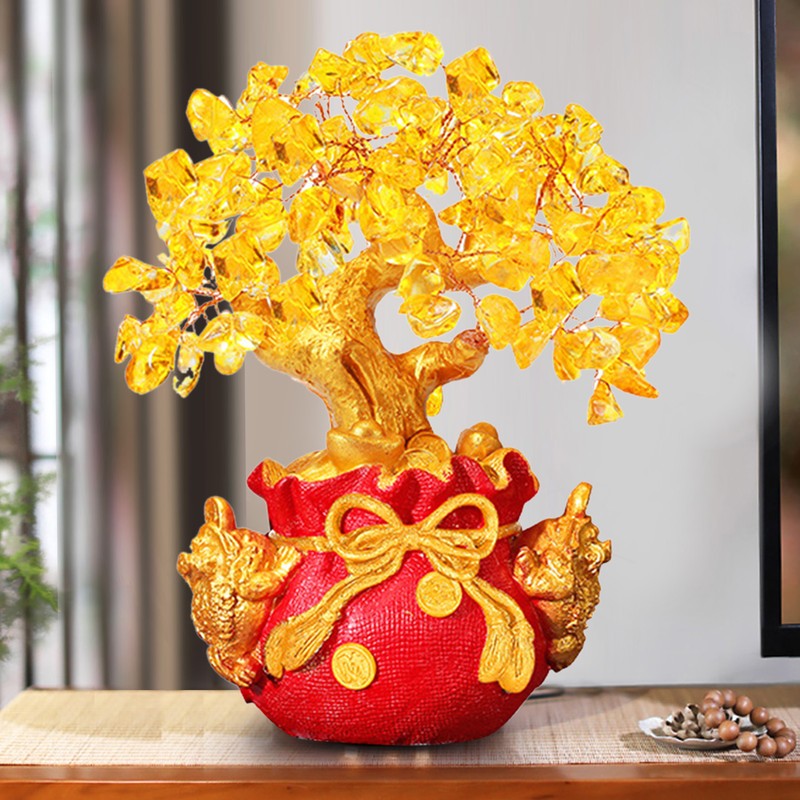 Yellow Quartz Crystal Money Tree Double Golden Toads Bonsai Style