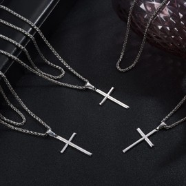 Adramata 925 Sterling Silver Cross Pendant Neckalce for Men Women with 3MM Stainless Steel Durable Wheat Chain Beveled Edge Crucifix Necklace Polished Beveled Edge Silver Cross Chain Necklace Jewelry 16-28 Inches
