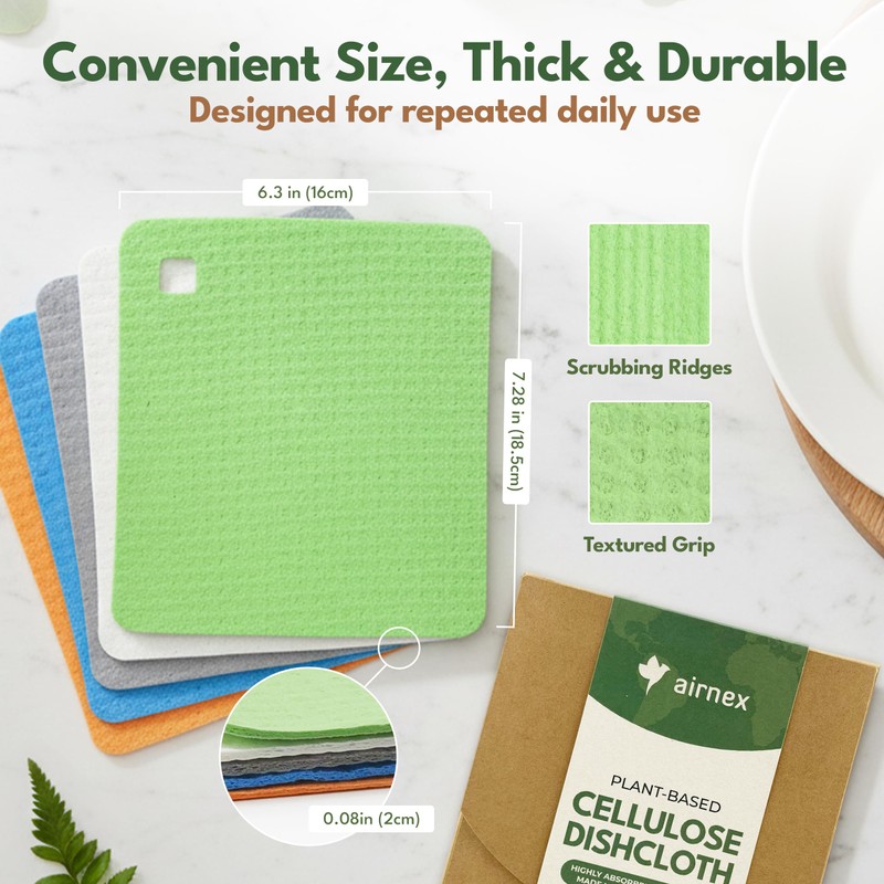 AIRNEX 5 Pack Swedish Dishcloths for Kitchen - Eco-Concious Reusable