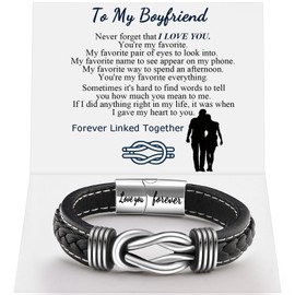 QWNHONEY Boyfriend Birthday Gift Ideas Infinity Knot Leather Bracelet forever Linked Together Bracelet Birthday Christmas Anniversary Bracelet Idea Mens Gift Black Braided Cuff Bracelet 8.5 Inches