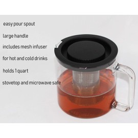 Simax Glassware 1 Quart Teapot with Metal Mesh Infuser | Plastic Lid, Microwave and Stovetop Safe, Heat, Cold, and Thermal Shock Resistant Borosilicate Glass, Makes a Stunning Presentation