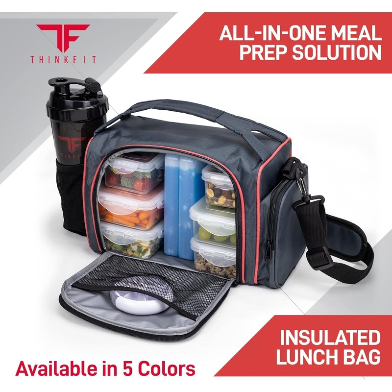 ThinkFit Red Reusable Lunch Bag with 6 Portion Control Containers,