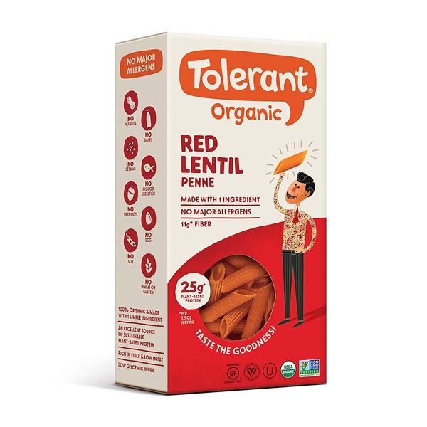 Tolerant Organic Red Lentil Penne Pasta, 8 oz Box (Case of 6), Plant-Based Protein, Vegan Pasta, Single Ingredient Protein Pasta, Gluten-Free Pasta, Clean Pasta, Low Glycemic Index Pasta