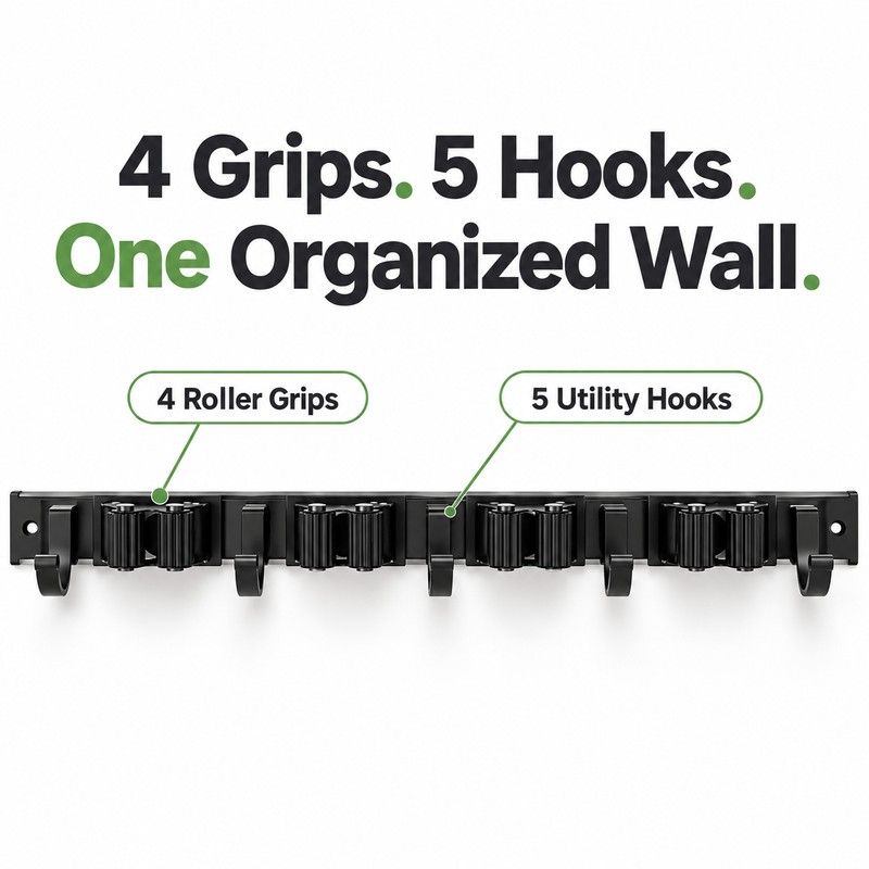 Wall-Mounted Broom and Mop Holder – 4 Slots and 5