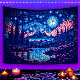 Manicer Blacklight Starry Night Tapestry, Inspired Lake Mountain Moon Stars Wall Hanging, UV Reactive Colorful Cloud Forest Glow in the Dark Tapestries for Bedroom, Living Room - 51.2" x 59.1"