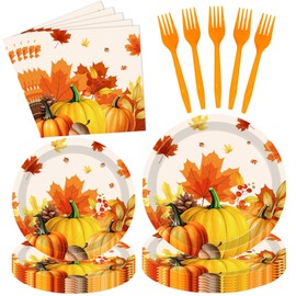 Lianxuia 96Pcs Fall Plates and Napkins Sets, Pumpkin Maple Leaf Thanksgiving Decor, Disposable Autumn Paper Dinnerware for Fall Harvest Party Thanksgiving Decorations, Serves 24 Guests