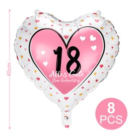 Balloons for 18th Birthday Girls, Pack of 8 Foil Balloons with 18 Happy Birthday, Decoration 18th Birthday Girls, Pink Heart Balloons as Birthday Decoration for 18 Girls