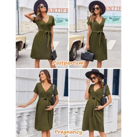 Ekouaer Stretchy Baby Shower Dress Women Loose Fit Ribbed Pregnancy Loungewear Short Sleeve Nursing Dresses with Side Pocket Army Green M