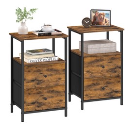 VASAGLE Nightstand Set of 2, Side Tables with 2 Fabric Drawers, 24-Inch Tall End Tables with Storage Shelf, Bedroom, Rustic Brown and Black ULGS225K01