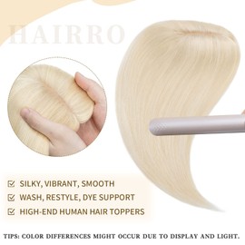 Hairro 100% Real Human Hair Toppers for Women No Bang, Clip in Real Hairpieces, Breathable Silk Base for Covering Greyish Thinning Hair Loss on Top, 10 Inch Platinum Blonde