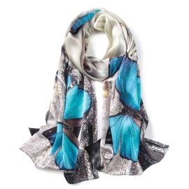 ANDANTINO 100% Mulberry Silk Long Scarf for Women Large Shawls for Headscarf and Neck- Oblong Hair Wraps with Gift Packed …, Blue Butterflies, Large