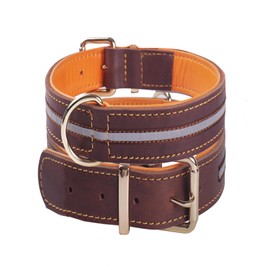 Brown Leather Dog Collar, Genuine Heavy Duty Adjustable Soft Padded Reflective for Medium, Large, and Extra Large XL Breed Strong Dog Collars(Brown, XL)